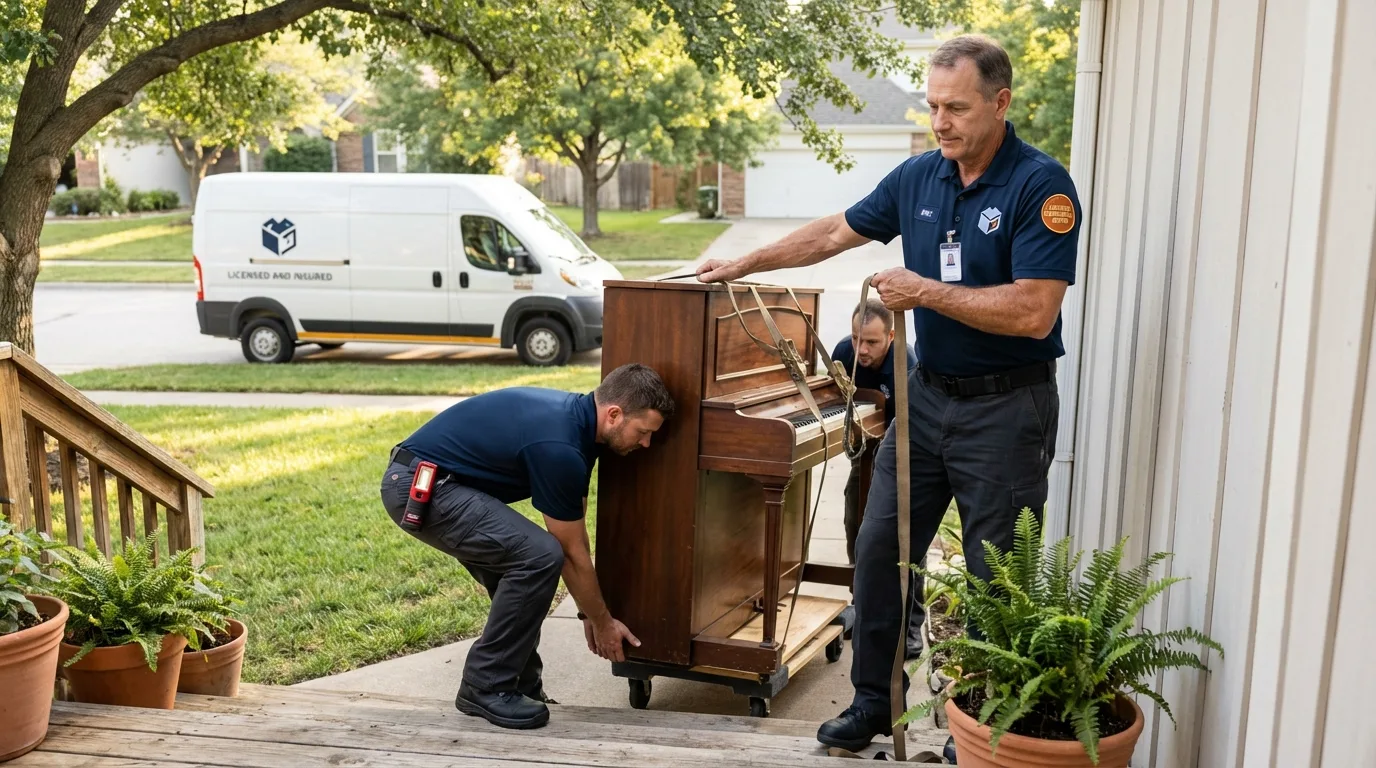 Licensed piano movers securing grand piano in Willow Springs, MO