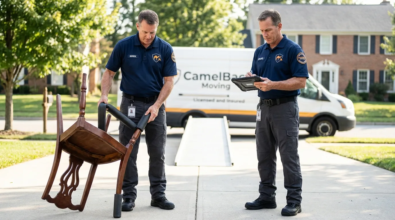 Movers inspecting furniture for damage prevention before loading in Willow Springs, MO