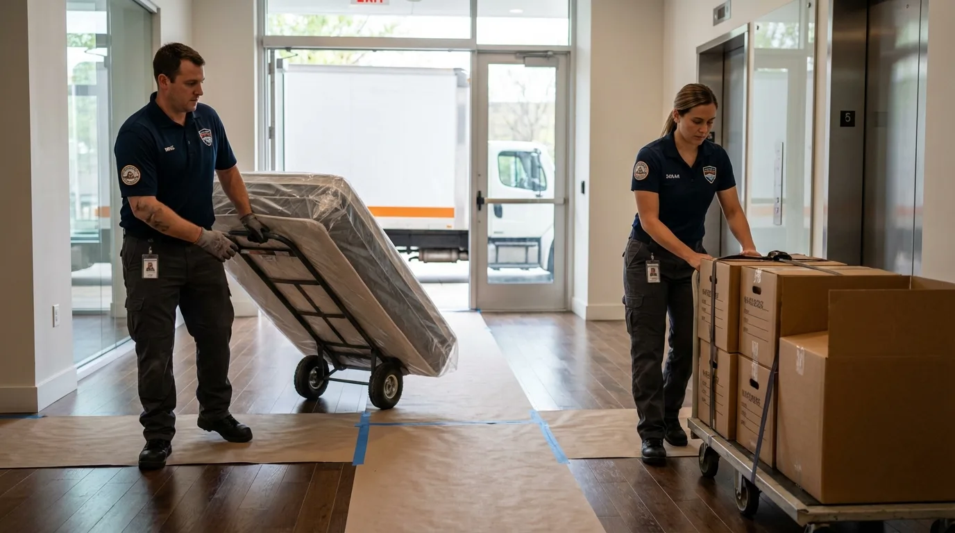 Professional apartment movers loading elevator in Willow Springs, MO