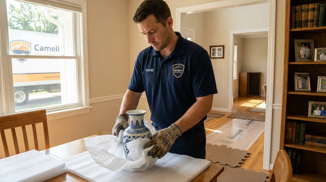 Professional crew carefully wrapping antique vase for senior downsizing move in Willow Springs, MO